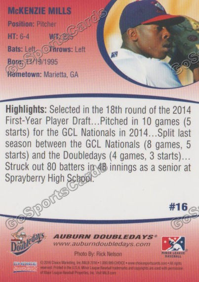 2016 Auburn Doubledays McKenzie Mills Back of Card