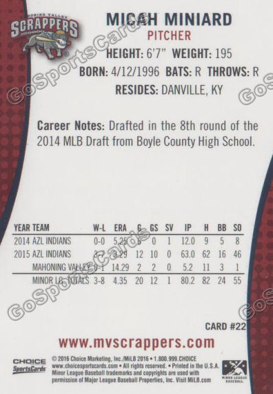 2016 Mahoning Valley Scrappers Micah Miniard Back of Card