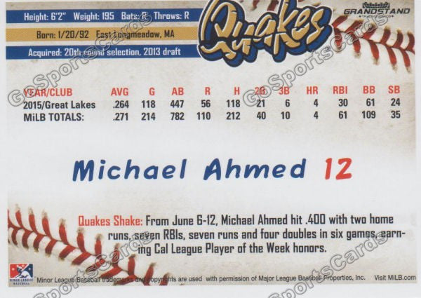 2016 Rancho Cucamonga Quakes Michael Ahmed Back of Card