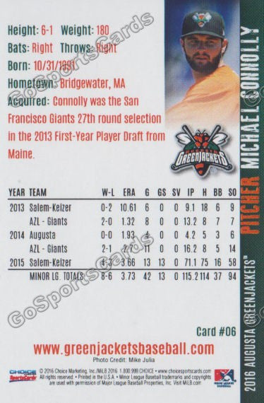 2016 Augusta Greenjackets Michael Connolly Back of Card