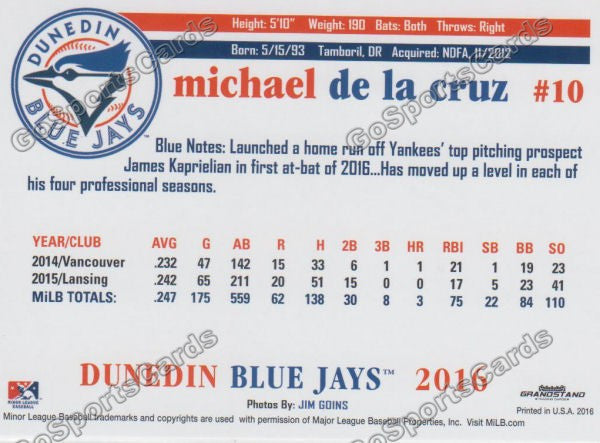 2016 Dunedin Blue Jays Michael De La Cruz  Back of Card
