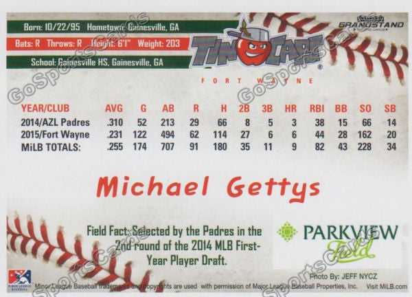 2016 Fort Wayne Tin Caps Michael Gettys  Back of Card