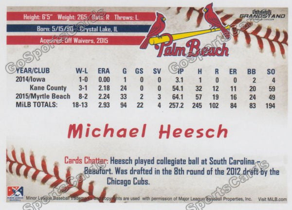 2016 Palm Beach Cardinals Michael Heesch  Back of Card
