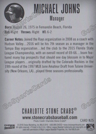 2016 Charlotte Stone Crabs Michael Johns Back of Card