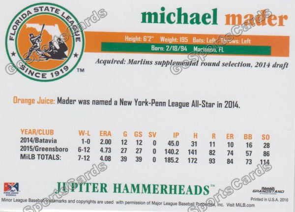 2016 Florida State League Top Prospect FSL Michael Mader Back of Card