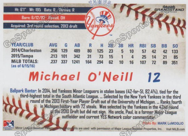 2016 Tampa Yankees Michael O'Neill Back of Card