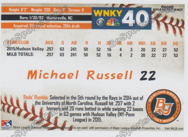 2016 Bowling Green Hot Rods Michael Russell Back of Card