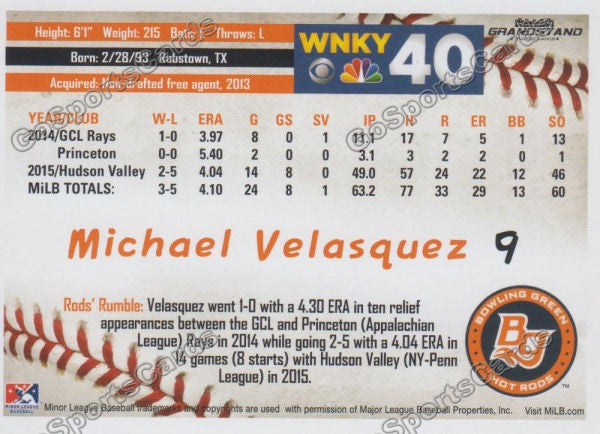 2016 Bowling Green Hot Rods Michael Velasquez Back of Card