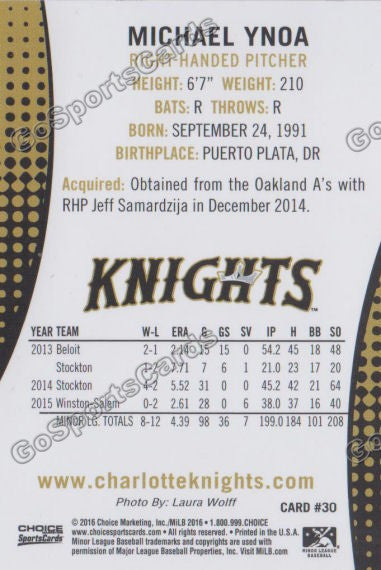 2016 Charlotte Knights Michael Ynoa Back of Card