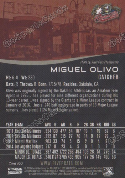 2016 Sacramento River Cats Miguel Olivo Back of Card