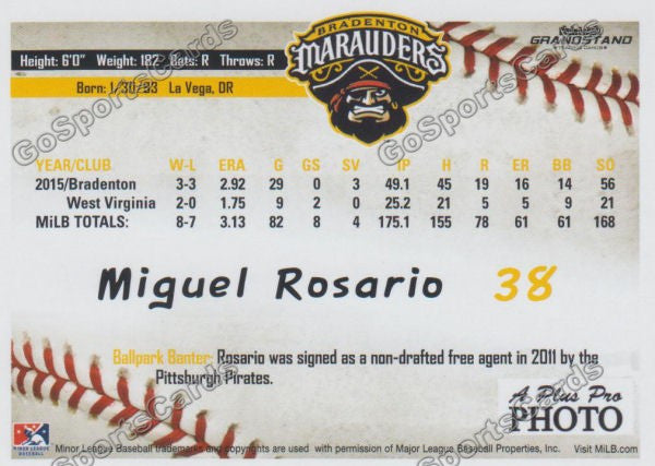2016 Bradenton Marauders Miguel Rosario Back of Card
