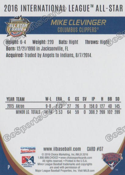 2016 International League All Star Michael Mike Clevinger Back of Card