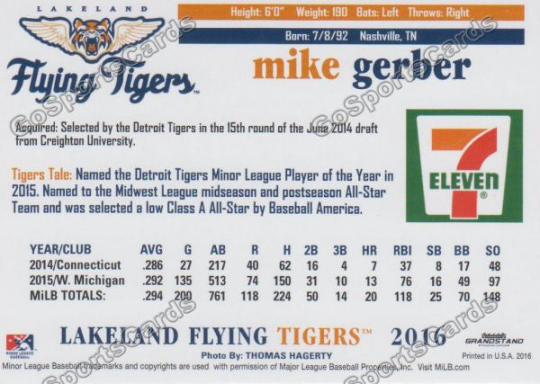 2016 Lakeland Flying Tigers Mike Gerber Back of Card
