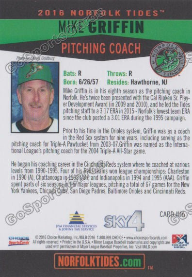 2016 Norfolk Tides Mike Griffin Back of Card