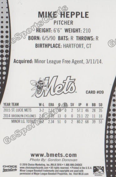 2016 Binghamton Mets Mike Hepple Back of Card