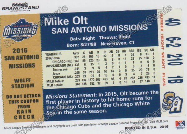 2016 San Antonio Missions Mike Olt Back of Card