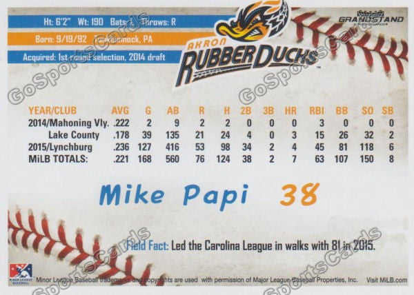 2016 Akron Aeros Mike Papi Back of Card