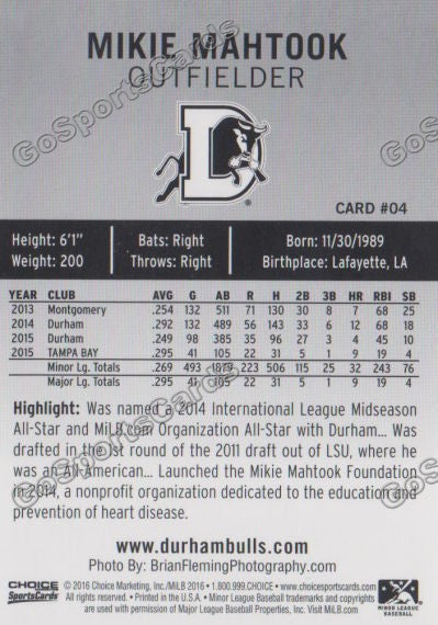  2016 Durham Bulls Mikie Mahtook Back of Card