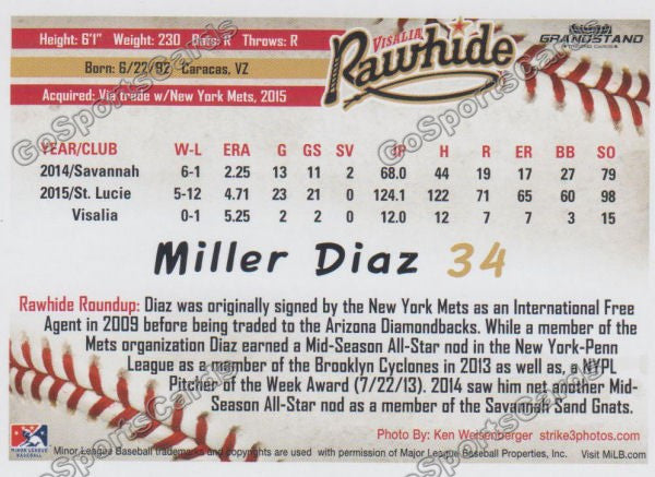 2016 Visalia Rawhide Miller Diaz Back of Card