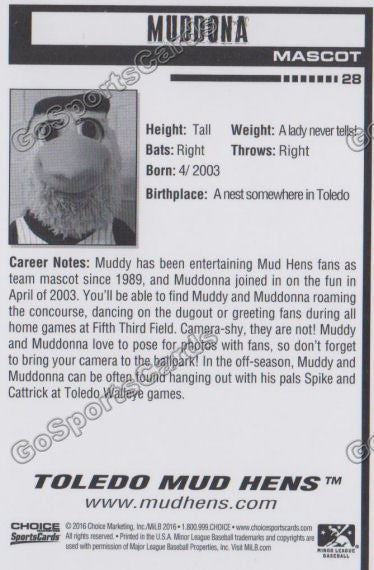 2016 Toledo Mud Hens Muddona Mascot Back of Card