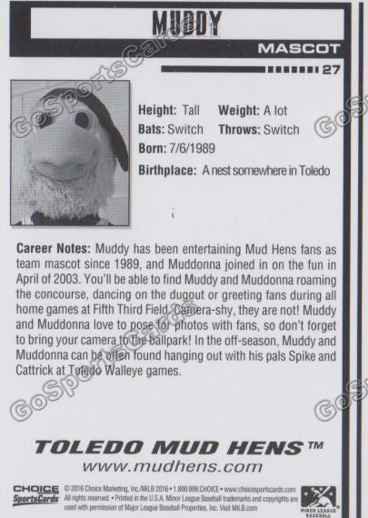 2016 Toledo Mud Hens Muddy Mascot Back of Card