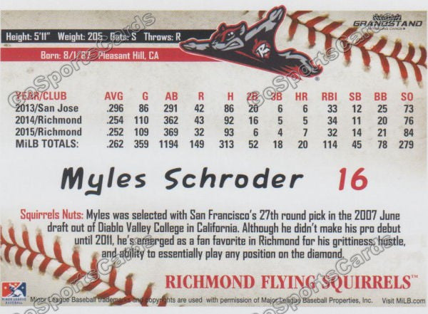 2016 Richmond Flying Squirrels Myles Schroder Back of Card