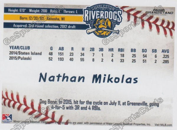 2016 Charleston RiverDogs Nathan Mikolas Back of Card