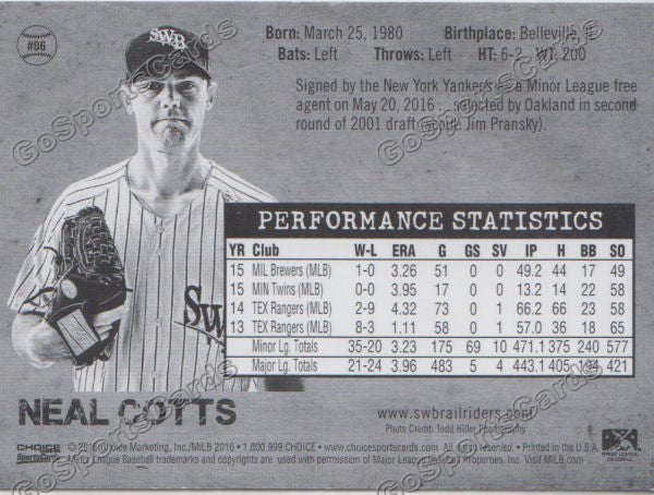 2016 Scranton Wilkes Barre RailRiders Neal Cotts Back of Card