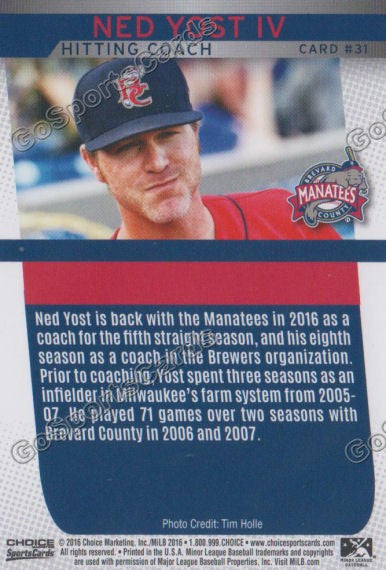 2016 Brevard County Manatees Ned Yost IV Back of Card