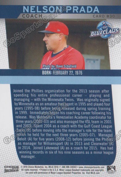 2016 Lakewood BlueClaws Nelson Prada Back of Card