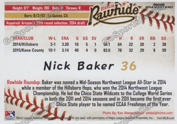 2016 Visalia Rawhide Nick Baker Back of Card