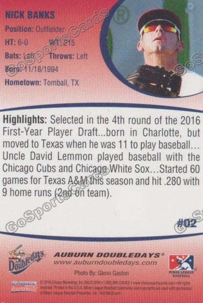 2016 Auburn Doubledays Nick Banks Back of Card