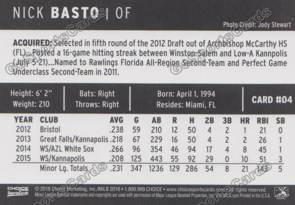 2016 Winston Salem Dash Nick Basto Back of Card