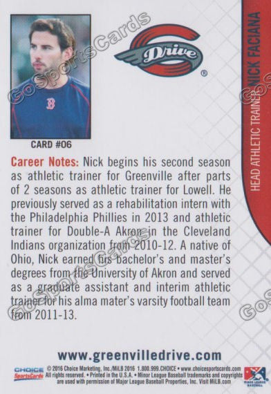 2016 Greenville Drive Nick Faciana Back of Card