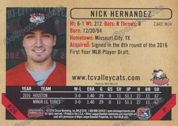 2016 Tri City ValleyCats Nick Hernandez Back of Card