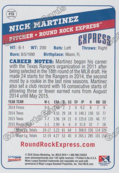 2016 Round Rock Express Nick Martinez Back of Card