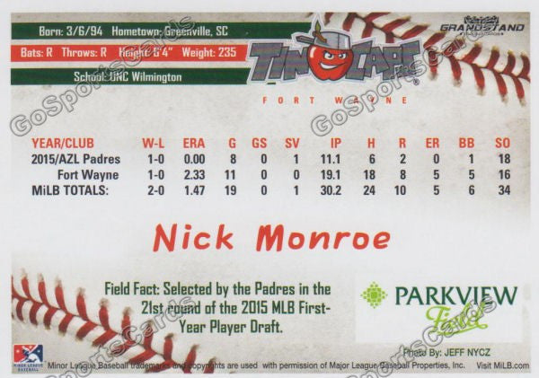 2016 Fort Wayne Tin Caps Nick Monroe  Back of Card