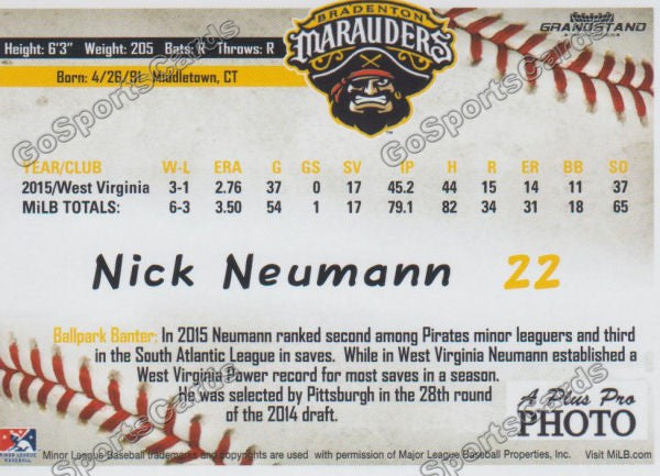 2016 Bradenton Marauders Nick Neumann Back of Card