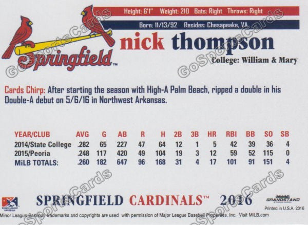 2016 Springfield Cardinals Nick Thompson Back of Card