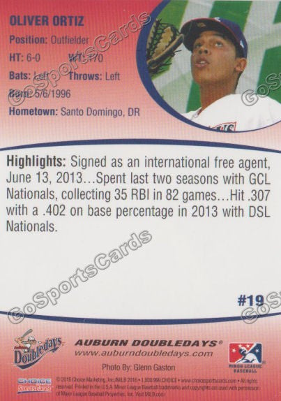 2016 Auburn Doubledays Oliver Ortiz Back of Card