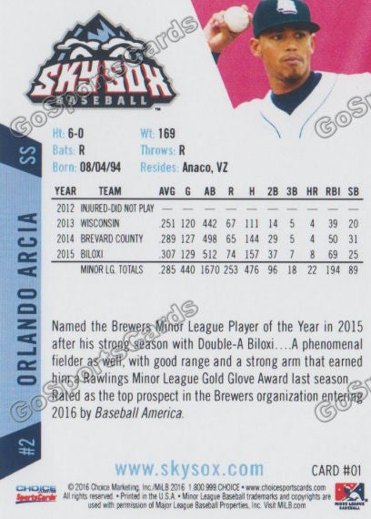 2016 Colorado Springs Sky Sox Orlando Arcia Back of Card