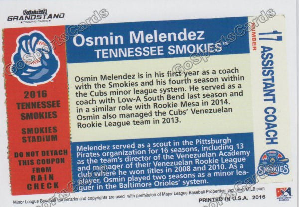 2016 Tennessee Smokies Osmin Melendez Back of Card