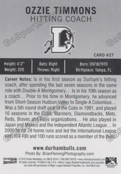  2016 Durham Bulls Ozzie Timmons Back of Card