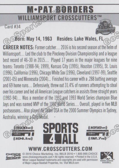 2016 Williamsport Crosscutters Pat Borders Back of Card