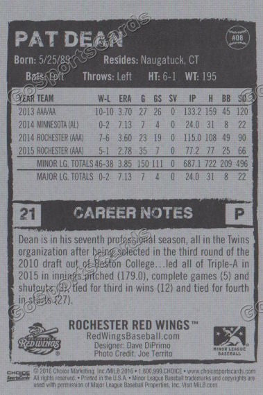2016 Rochester Red Wings Pat Dean Back of Card