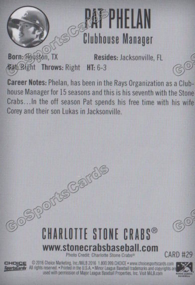 2016 Charlotte Stone Crabs Pat Phelan Back of Card