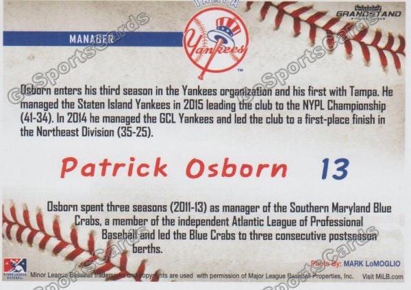 2016 Tampa Yankees Patrick Osborn Back of Card