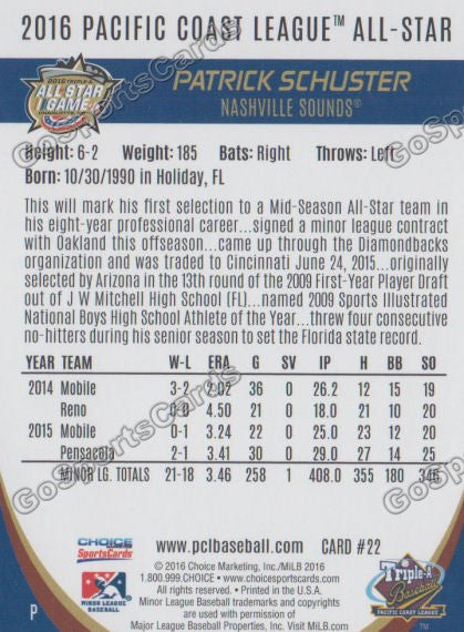 2016 Pacific Coast League All Star Patrick Schuster Back of Card