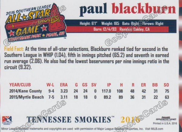 2016 Southern League All Star N Paul Blackburn Back of Card