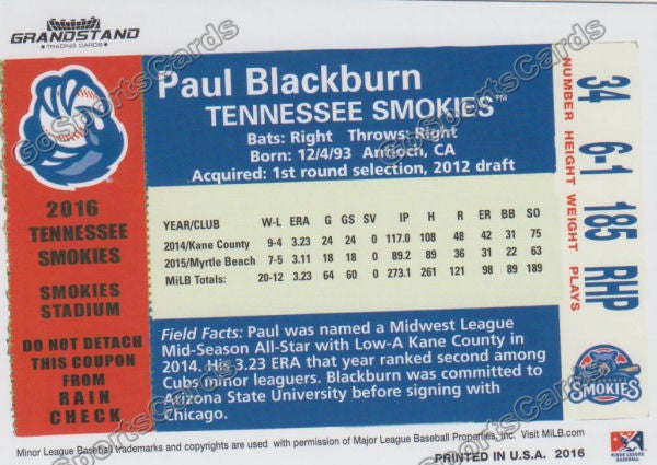 2016 Tennessee Smokies Paul Blackburn Back of Card